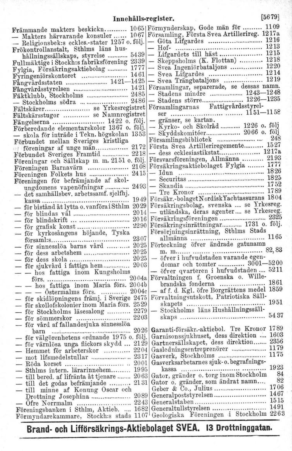 .. 1215 Fullmäktige i Stockh:s fabriksförening 2339 - Skeppsholms (K. Flottan) 1218 Fylg-ia, ~?rsäkringsaktiebolag 1777 - Svea ln~eniörbataljons 1220!!1'nn~elllorskontoret 1461 - Svea Ll!