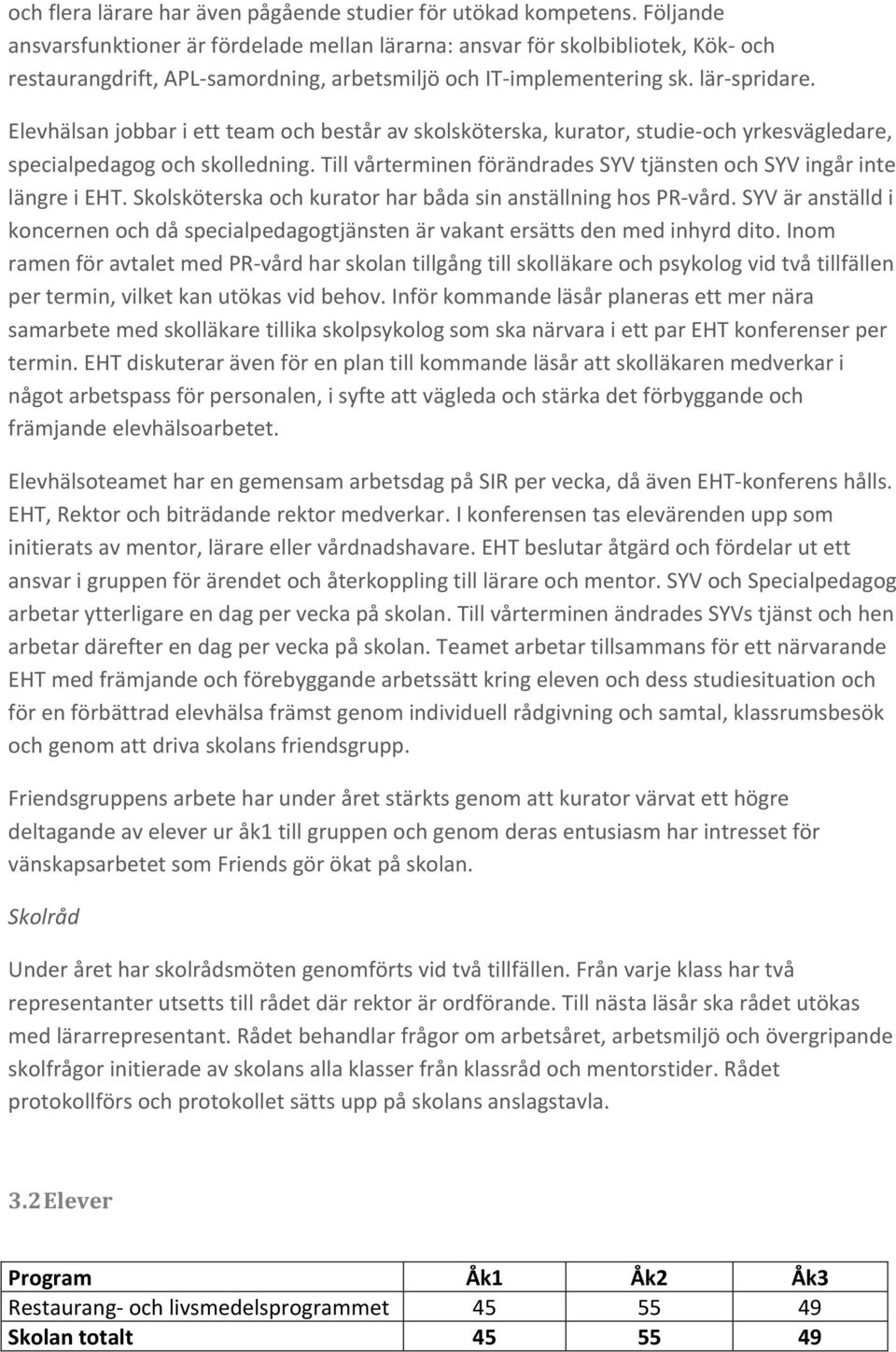 Elevhälsan jobbar i ett team och består av skolsköterska, kurator, studie-och yrkesvägledare, specialpedagog och skolledning. Till vårterminen förändrades SYV tjänsten och SYV ingår inte längre i EHT.