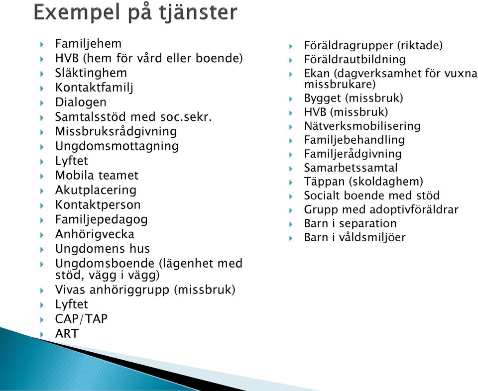 stöd, vägg i vägg) Vivas anhöriggrupp (missbruk) Lyftet CAP/TAP ART Föräldragrupper (riktade) Föräldrautbildning Ekan (dagverksamhet för vuxna missbrukare)