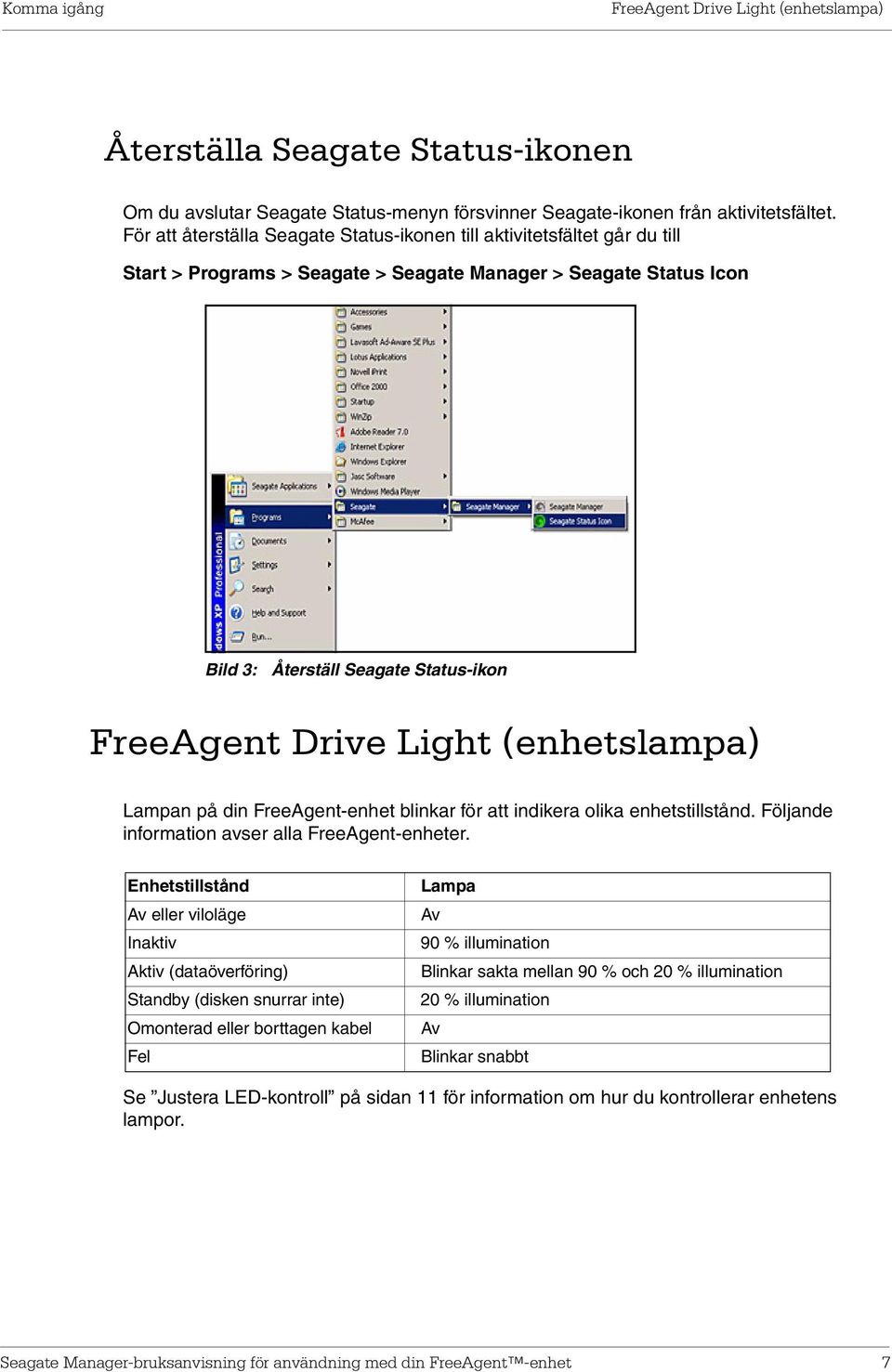 Light (enhetslampa) Lampan på din FreeAgent-enhet blinkar för att indikera olika enhetstillstånd. Följande information avser alla FreeAgent-enheter.