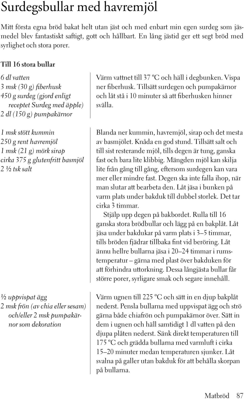 Till 16 stora bullar 6 dl vatten 3 msk (30 g) fiberhusk 450 g surdeg (gjord enligt receptet Surdeg med äpple) 2 dl (150 g) pumpakärnor 1 msk stött kummin 250 g rent havremjöl 1 msk (21 g) mörk sirap