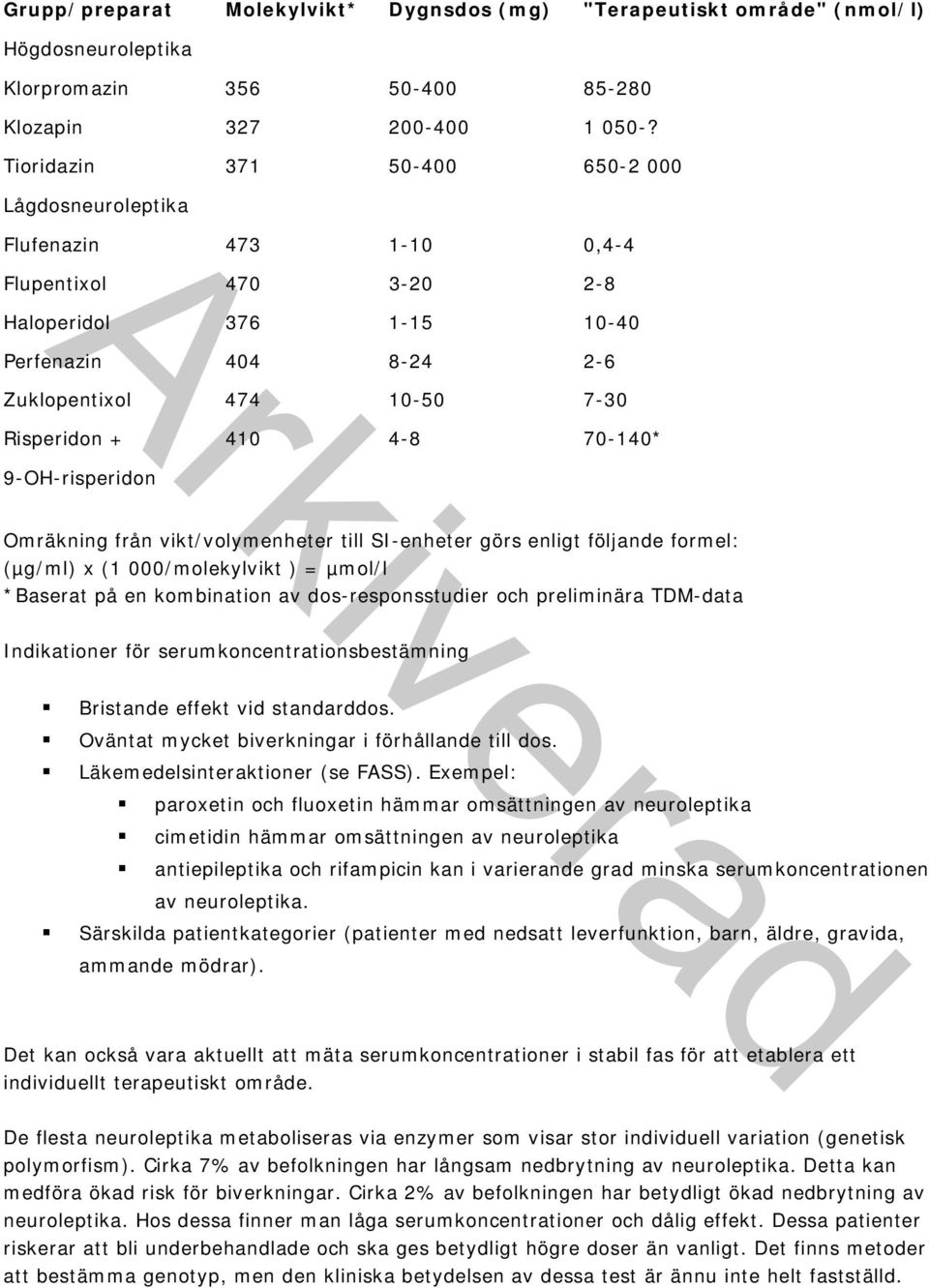 4-8 70-140* 9-OH-risperidon Omräkning från vikt/volymenheter till SI-enheter görs enligt följande formel: (µg/ml) x (1 000/molekylvikt ) = µmol/l *Baserat på en kombination av dos-responsstudier och