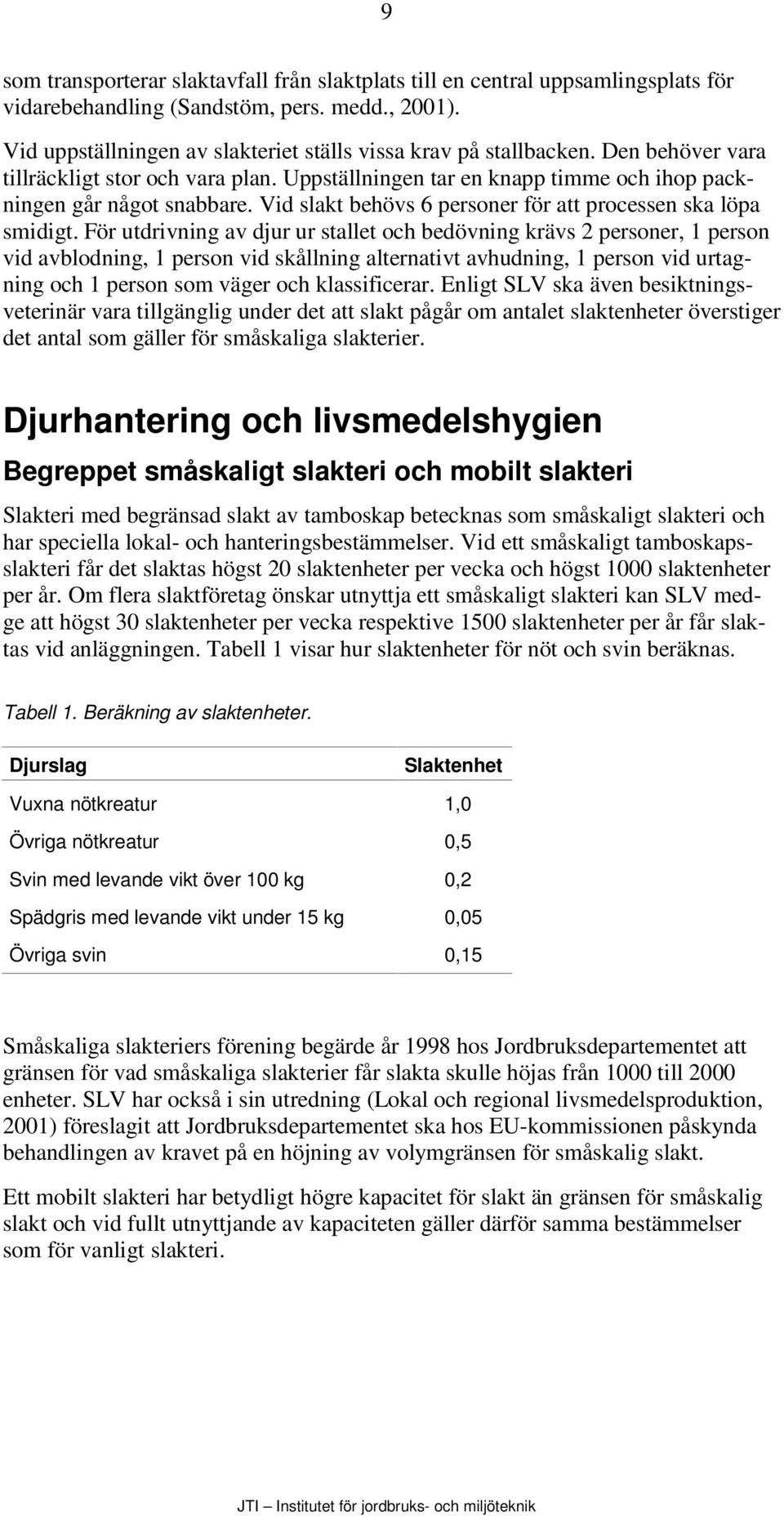 För utdrivning av djur ur stallet och bedövning krävs 2 personer, 1 person vid avblodning, 1 person vid skållning alternativt avhudning, 1 person vid urtagning och 1 person som väger och