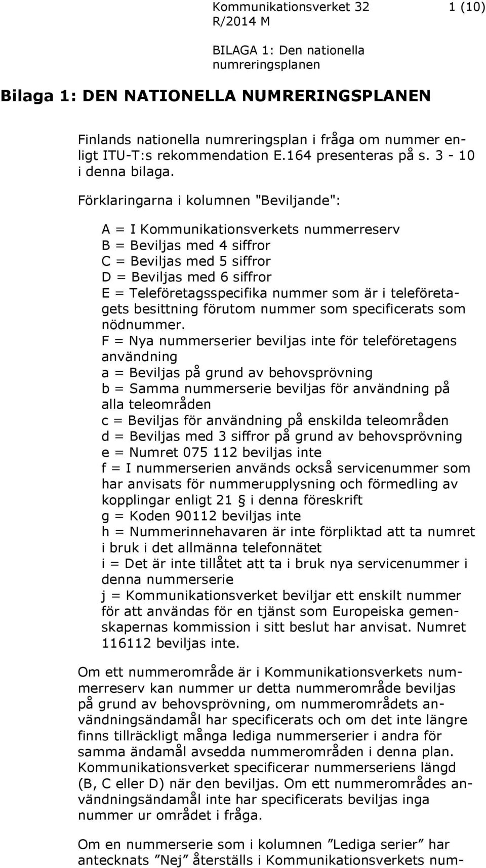 Förklaringarna i kolumnen "Beviljande": A = I Kommunikationsverkets nummerreserv B = Beviljas med 4 siffror C = Beviljas med 5 siffror D = Beviljas med 6 siffror E = Teleföretagsspecifika nummer som