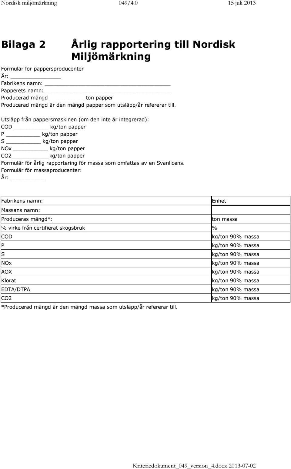 Utsläpp från pappersmaskinen (om den inte är integrerad): COD kg/ton papper P kg/ton papper S kg/ton papper NOx kg/ton papper CO2 kg/ton papper Formulär för årlig rapportering för massa som omfattas