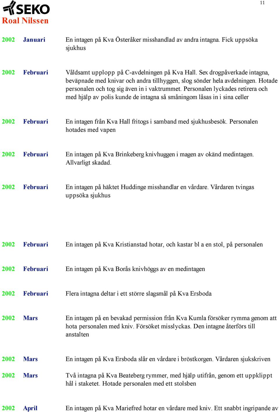 Personalen lyckades retirera och med hjälp av polis kunde de intagna så småningom låsas in i sina celler 2002 Februari En intagen från Kva Hall fritogs i samband med sjukhusbesök.