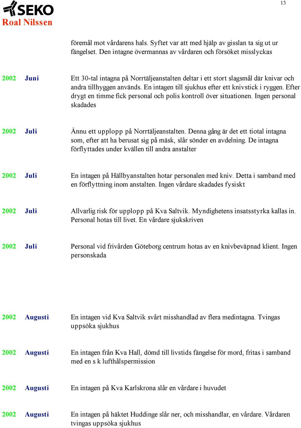 En intagen till sjukhus efter ett knivstick i ryggen. Efter drygt en timme fick personal och polis kontroll över situationen. Ingen personal skadades 2002 Juli Ännu ett upplopp på Norrtäljeanstalten.