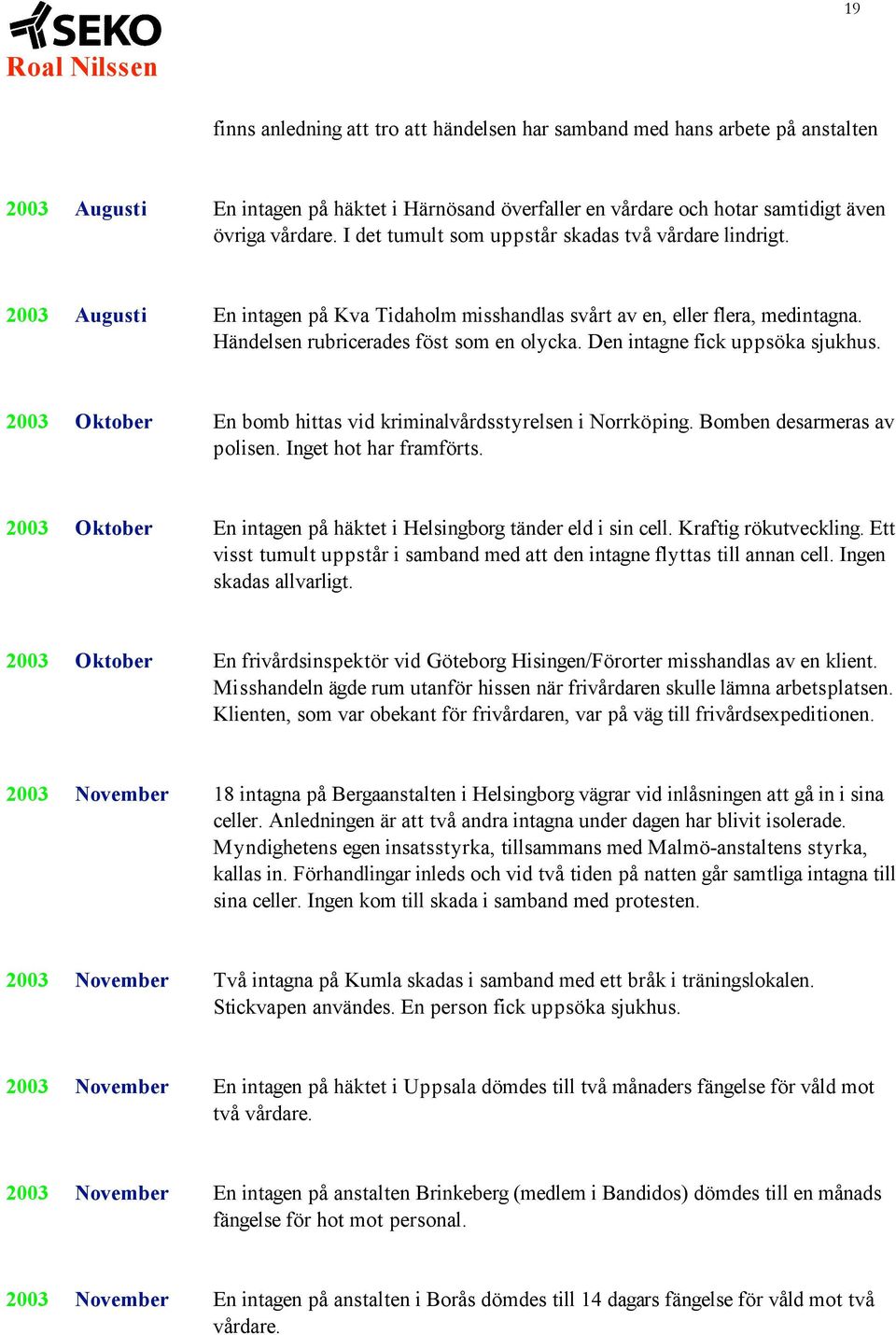 Den intagne fick uppsöka sjukhus. 2003 Oktober En bomb hittas vid kriminalvårdsstyrelsen i Norrköping. Bomben desarmeras av polisen. Inget hot har framförts.