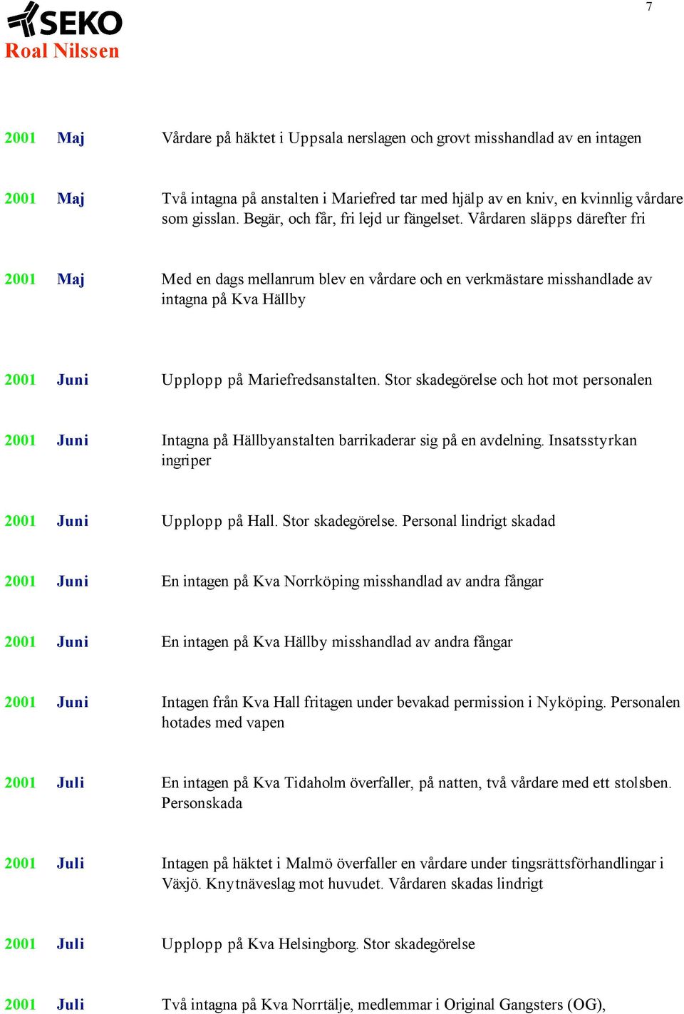 Vårdaren släpps därefter fri 2001 Maj Med en dags mellanrum blev en vårdare och en verkmästare misshandlade av intagna på Kva Hällby 2001 Juni Upplopp på Mariefredsanstalten.