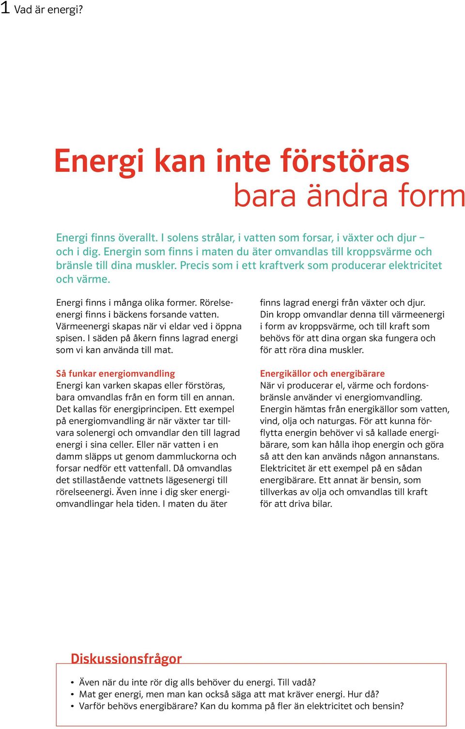 Rörelseenergi finns i bäckens forsande vatten. Värmeenergi skapas när vi eldar ved i öppna spisen. I säden på åkern finns lagrad energi som vi kan använda till mat.