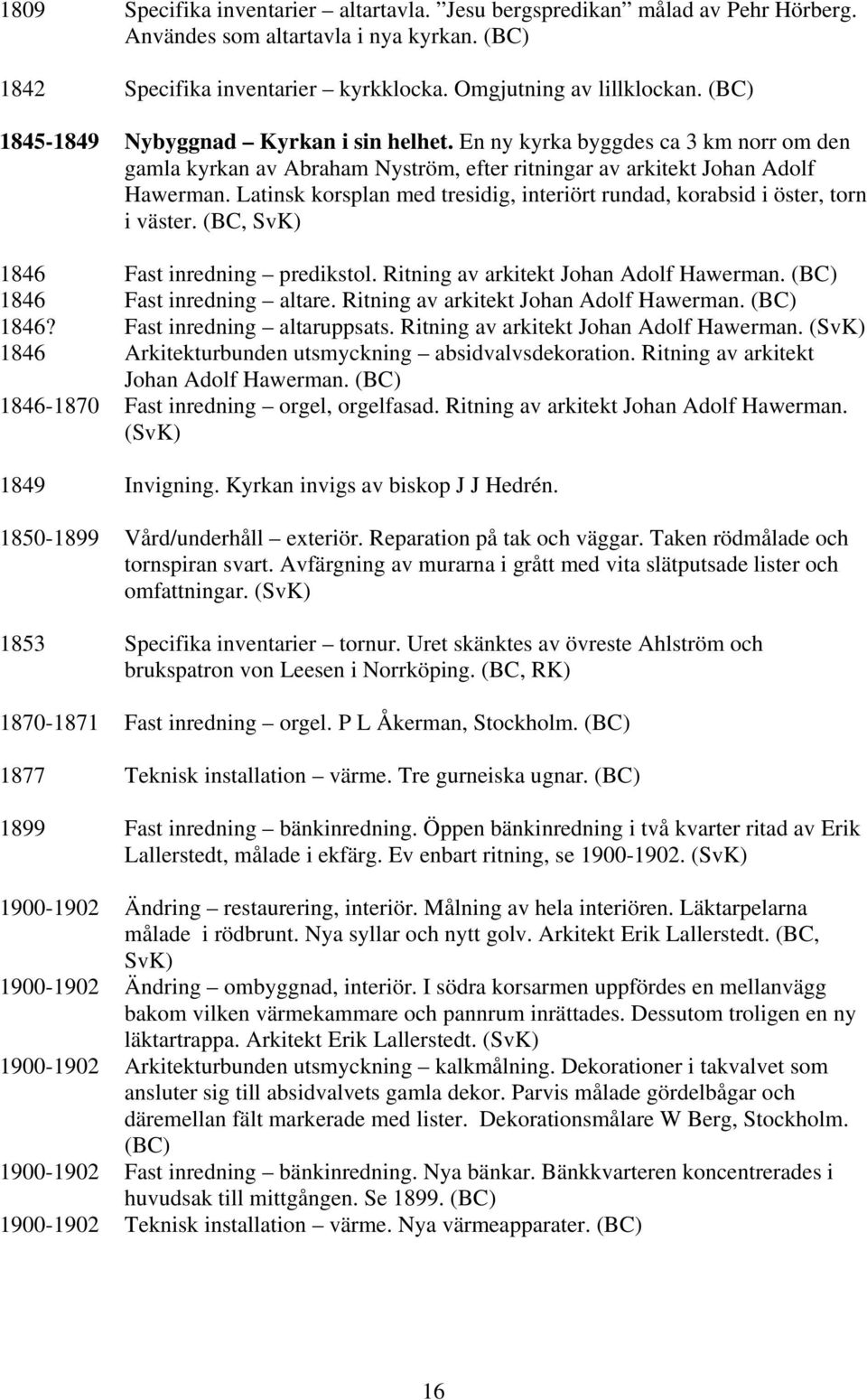 Latinsk korsplan med tresidig, interiört rundad, korabsid i öster, torn i väster. (BC, SvK) 1846 Fast inredning predikstol. Ritning av arkitekt Johan Adolf Hawerman. (BC) 1846 Fast inredning altare.