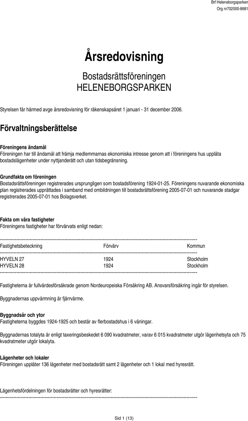 tidsbegränsning. Grundfakta om föreningen Bostadsrättsföreningen registrerades ursprungligen som bostadsförening 1924-01-25.