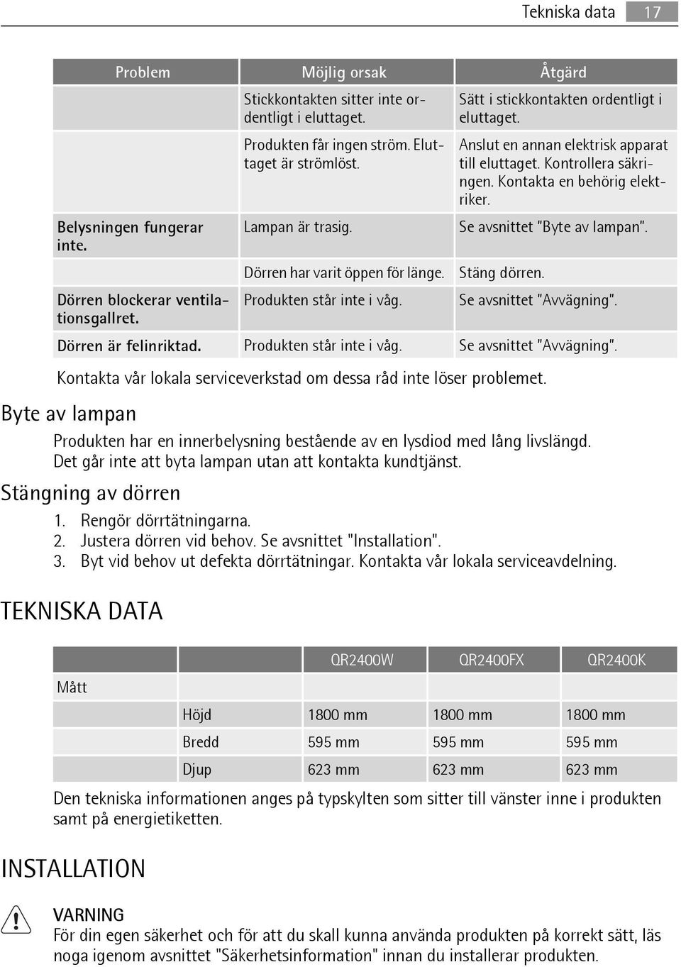 Kontrollera säkringen. Kontakta en behörig elektriker. Se avsnittet Byte av lampan. Stäng dörren. Se avsnittet Avvägning. Dörren är felinriktad. Produkten står inte i våg. Se avsnittet Avvägning. Kontakta vår lokala serviceverkstad om dessa råd inte löser problemet.