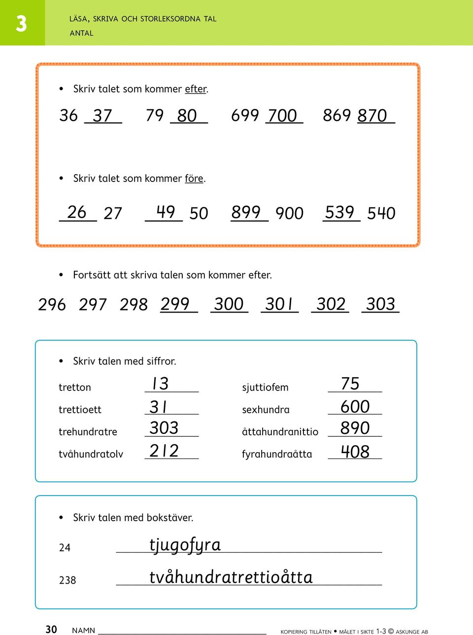 26 27 49 50 899 900 59 540 Fortsätt att skriva talen som kommer efter. 296 297 298 299 00 01 02 0 Skriv talen med siffror.