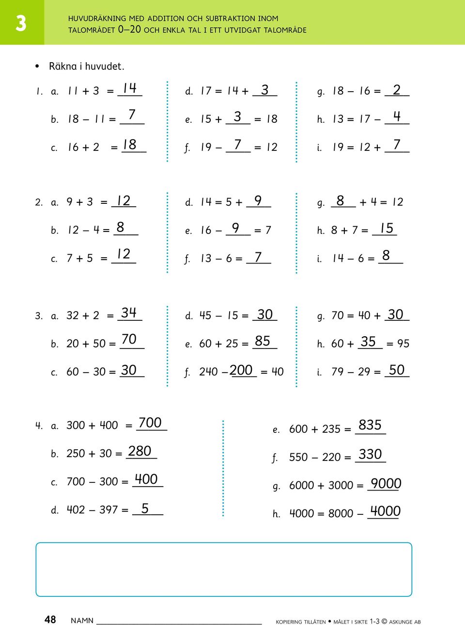 + 4 = 12 15 h. 8 + 7 = 8 i. 14 6 =. a. 2 + 2 = 4 d. 45 15 = 0 g. 70 = 40 + 0 70 b. 20 + 50 = 0 c. 60 0 = e. 60 + 25 = 200 85 f. 240 = 40 5 h. 60 + = 95 50 i. 79 29 = 4. a. 00 + 400 = b.