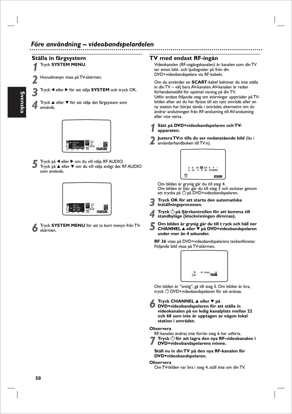 TEM NIC Pr- P REC SET RF I/I TIME SYS- R ACMS RF B/G DATE + - fosd RF D/K ON 6:9 DECO- AUDIO OFF : DER OPR SYS- TEM TV med endast RF-ngån Vdeokanalen (RF-utgångskanalen) är kanalen som dn TV tar emot