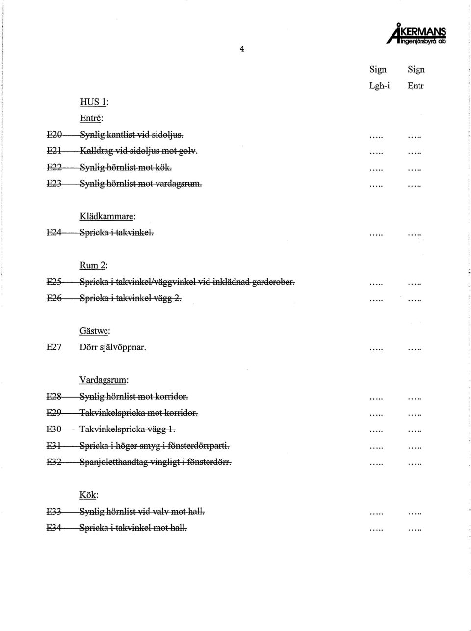 E27 Gästwc: Dörr självöppnar. Vardagsrum: E28 Synlig hömlist mot korridor. E29 Takvinkelspricka mot korridor. E3 O Takvinkelspricka vägg 1.