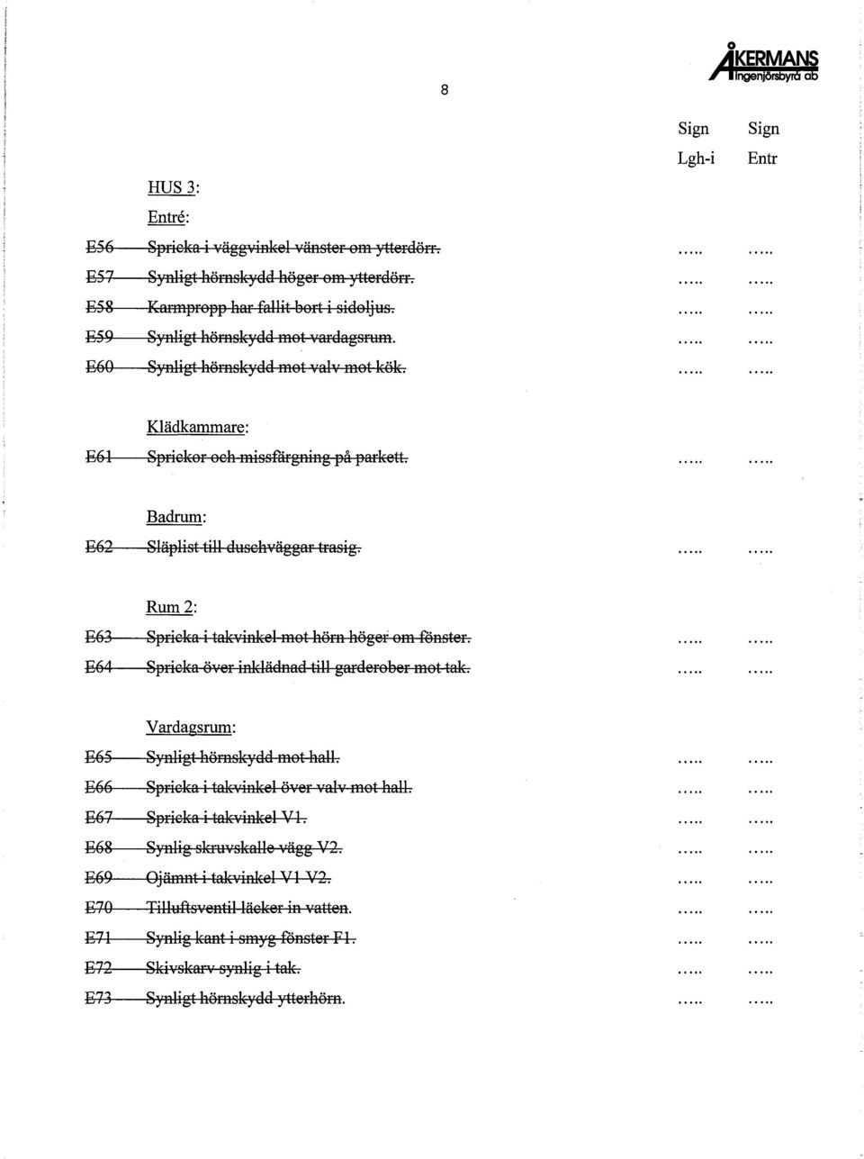 E63 E64 Rum 2: Sprieka i takvinkel mot hörn höger om fönster. Sprieka över inklädnad till garderober mot t M. I E65 E66 E67 E68 E69 E70 E71 E72 E73 Vardagsrum: Synligt hömskydd mot hall.