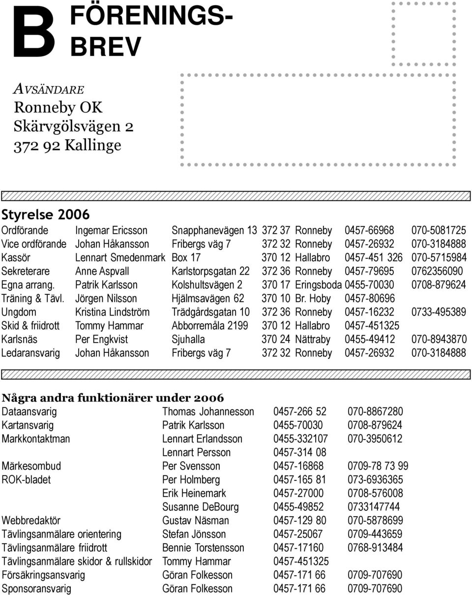 Styrelse 2006 Ordförande Ingemar Ericsson Snapphanevägen 13 372 37 Ronneby 0457-66968 070-5081725 Vice ordförande Johan Håkansson Fribergs väg 7 372 32 Ronneby 0457-26932 070-3184888 Kassör Lennart