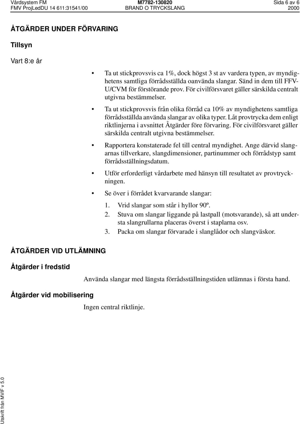 Ta ut stickprovsvis från olika förråd ca 10% av myndighetens samtliga förrådsställda använda slangar av olika typer. Låt provtrycka dem enligt riktlinjerna i avsnittet Åtgärder före förvaring.