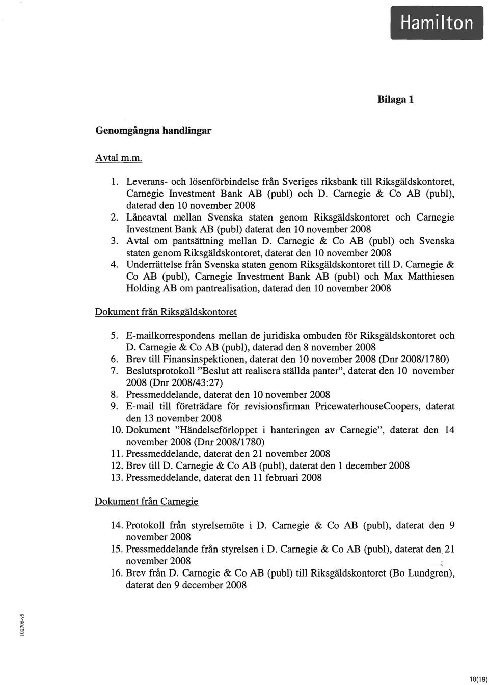 Avtal om pantsättning mellan D. Camegie & Co AB (publ) och Svenska staten genom Riksgäldskontoret, daterat den 10 november 2008 4. Underrättelse från Svenska staten genom Riksgäldskontoret till D.