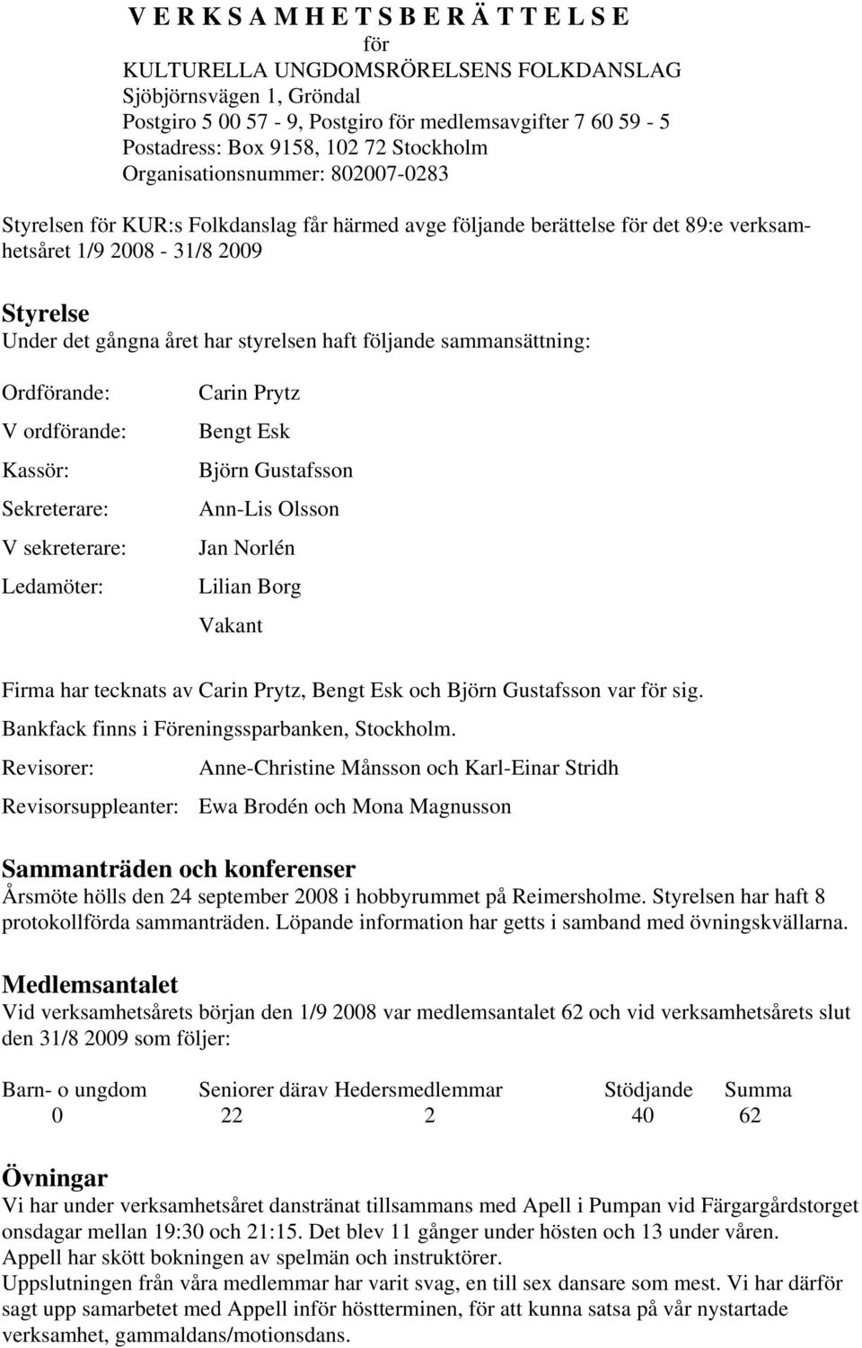 styrelsen haft följande sammansättning: Ordförande: V ordförande: Kassör: Sekreterare: V sekreterare: Ledamöter: Carin Prytz Bengt Esk Björn Gustafsson Ann-Lis Olsson Jan Norlén Lilian Borg Vakant