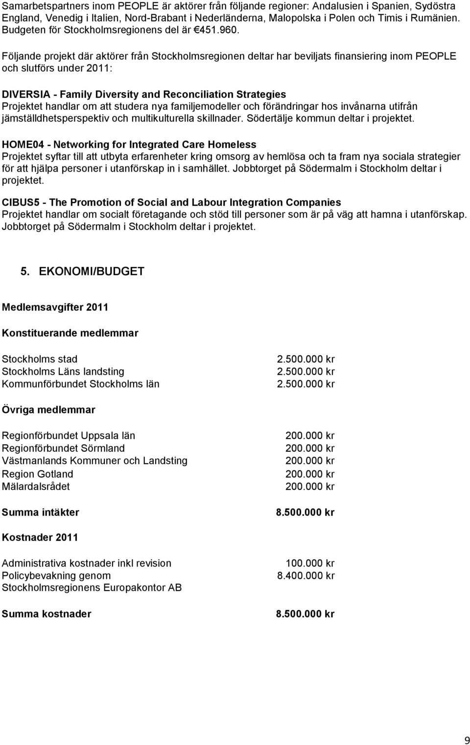 Följande projekt där aktörer från Stockholmsregionen deltar har beviljats finansiering inom PEOPLE och slutförs under 2011: DIVERSIA - Family Diversity and Reconciliation Strategies Projektet handlar