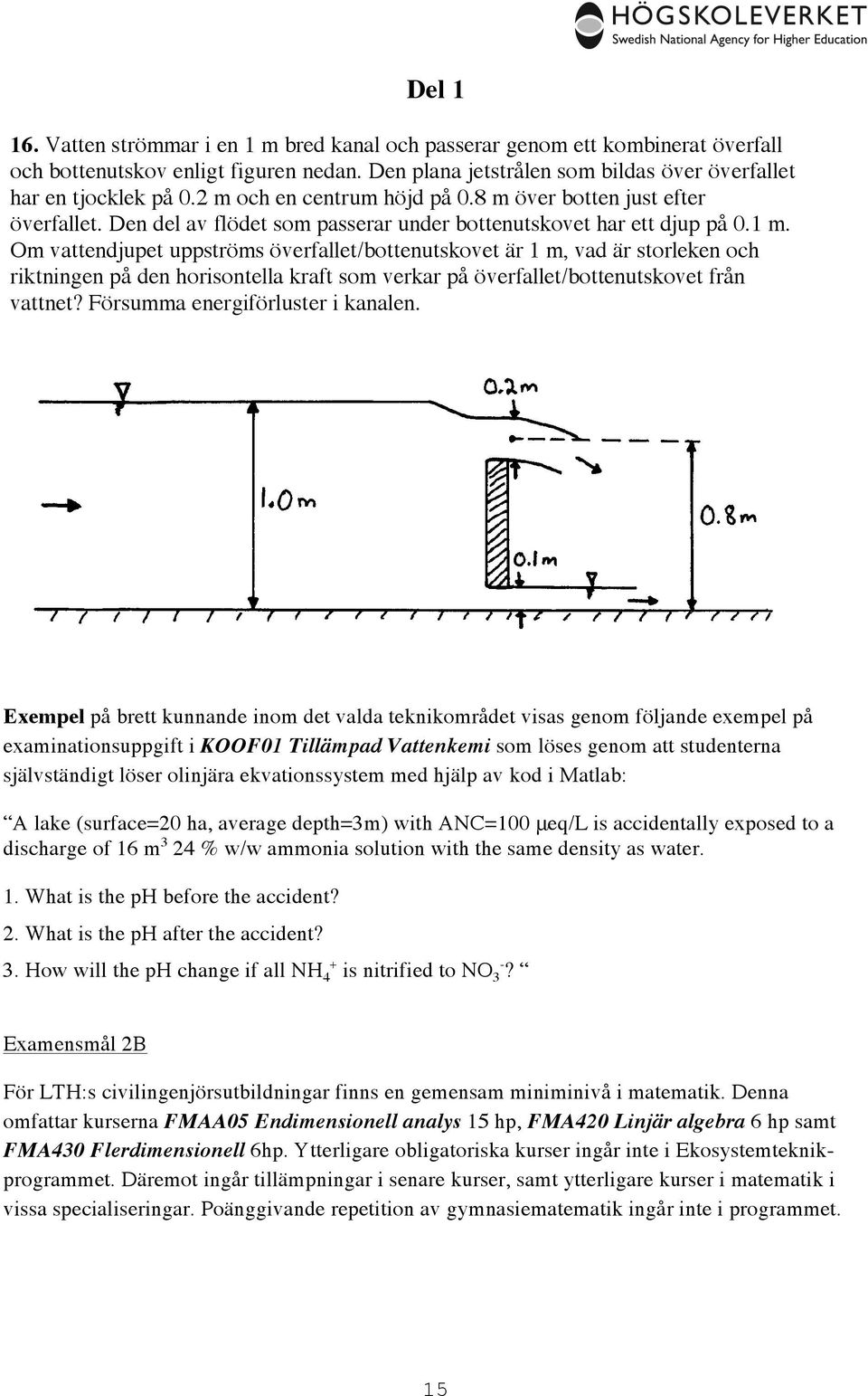 Om vattendjupet uppströms överfallet/bottenutskovet är 1 m, vad är storleken och riktningen på den horisontella kraft som verkar på överfallet/bottenutskovet från vattnet?