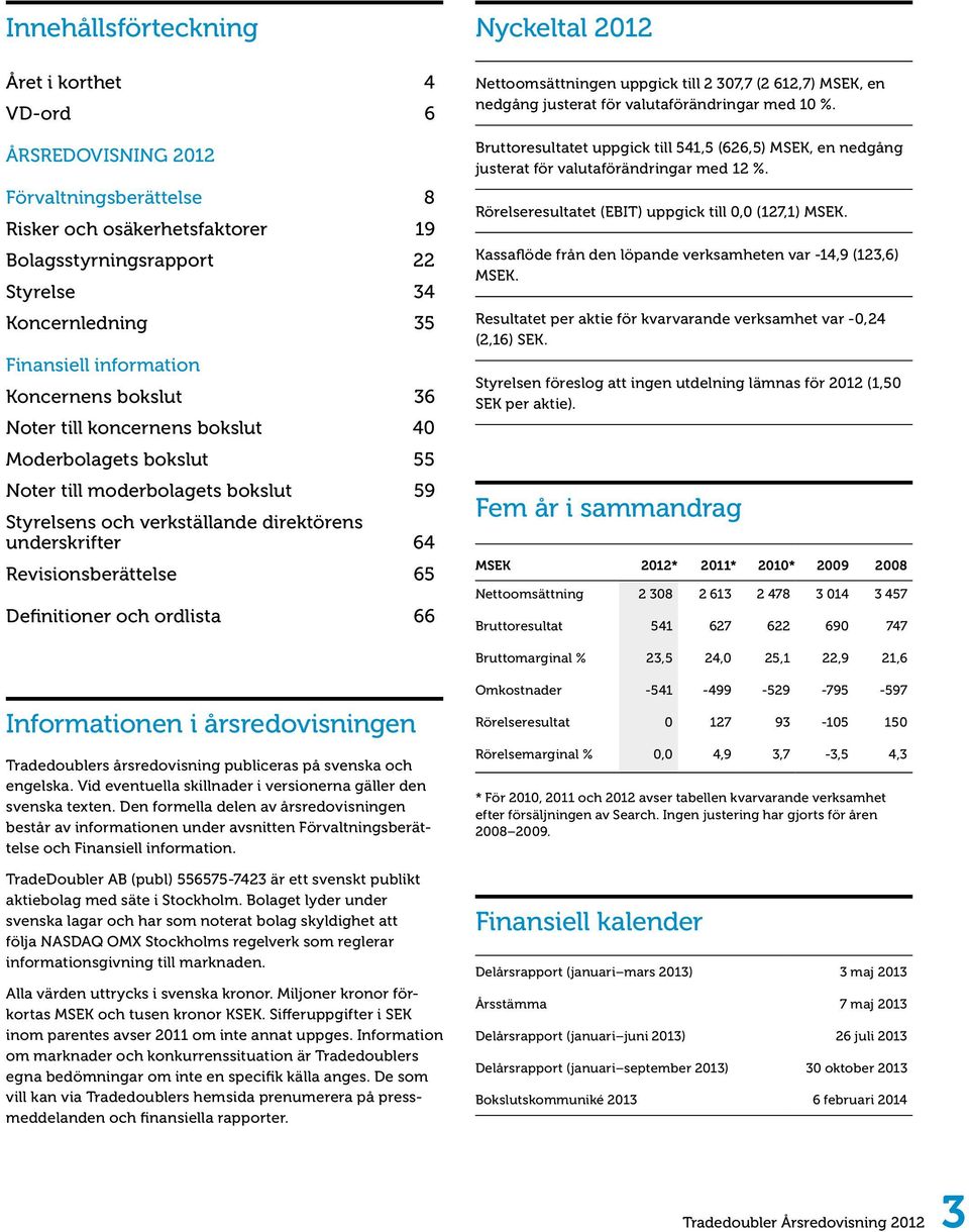 Revisionsberättelse 65 Definitioner och ordlista 66 Nyckeltal 2012 Nettoomsättningen uppgick till 2 307,7 (2 612,7) MSEK, en nedgång justerat för valutaförändringar med 10 %.