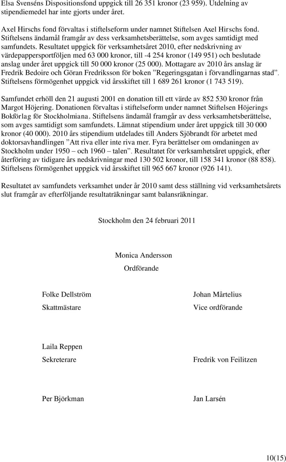 Resultatet uppgick för verksamhetsåret 2010, efter nedskrivning av värdepappersportföljen med 63 000 kronor, till -4 254 kronor (149 951) och beslutade anslag under året uppgick till 50 000 kronor