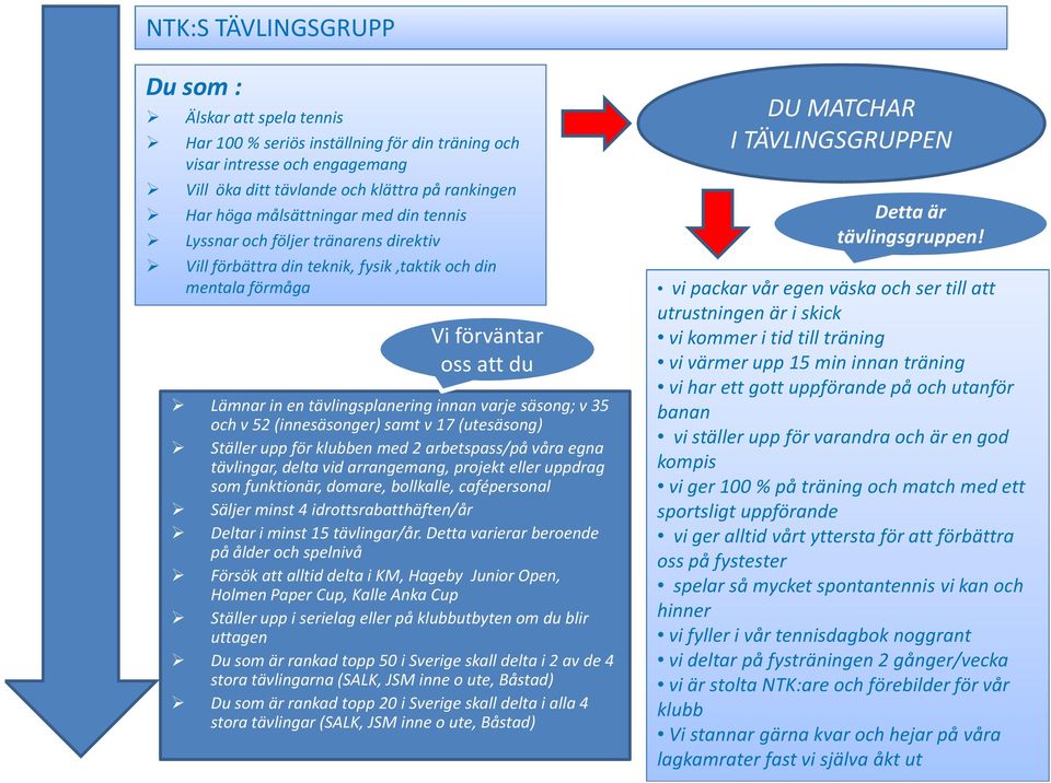 säsong; v 35 och v 52 (innesäsonger) samt v 17 (utesäsong) Ställer upp för klubben med 2 arbetspass/på våra egna tävlingar, delta vid arrangemang, projekt eller uppdrag som funktionär, domare,