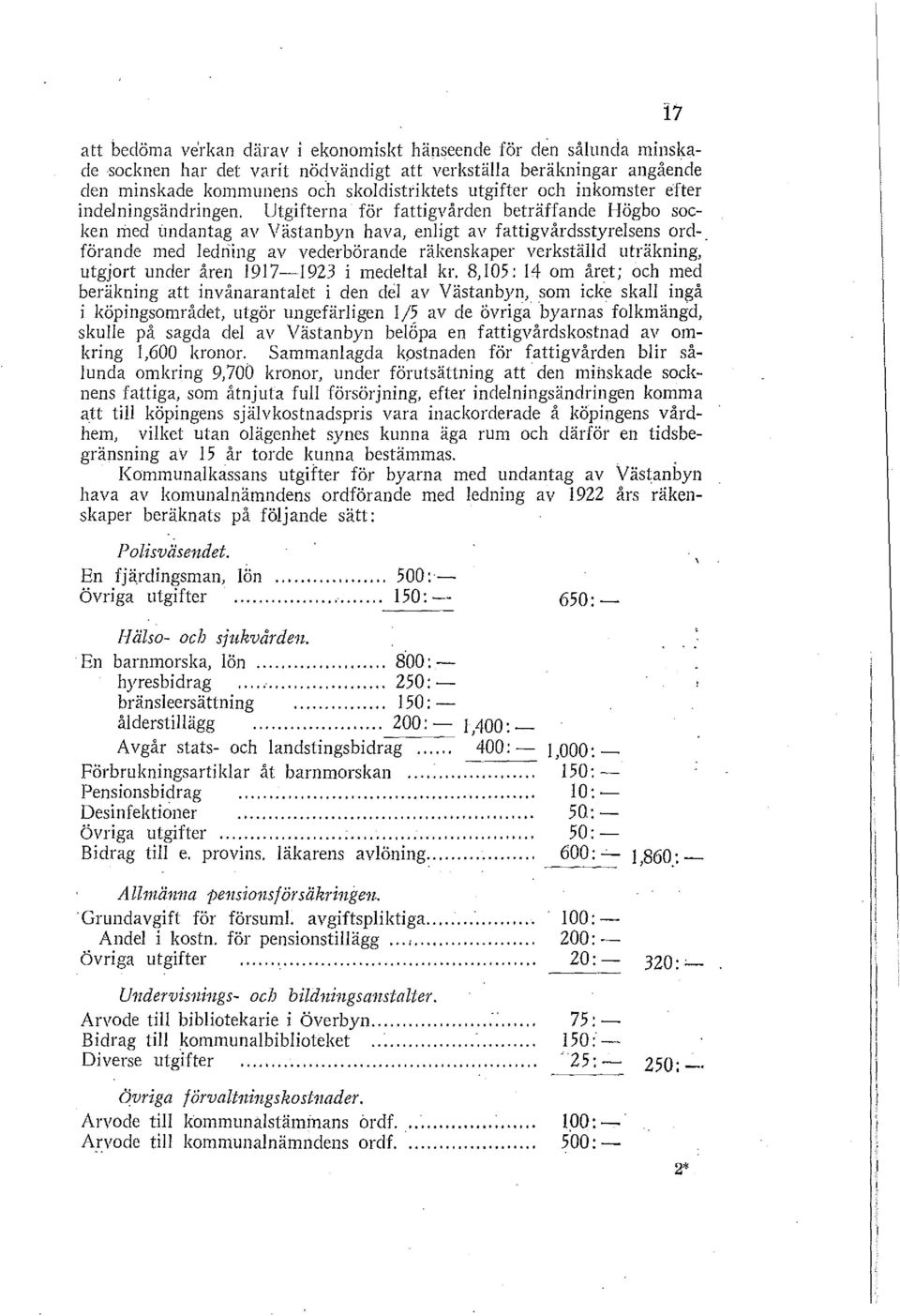 förande med ledriing av vederbörande räkenskaper verkställd uträkning, utgjort under åren 1917-1923 i medeltal kr.