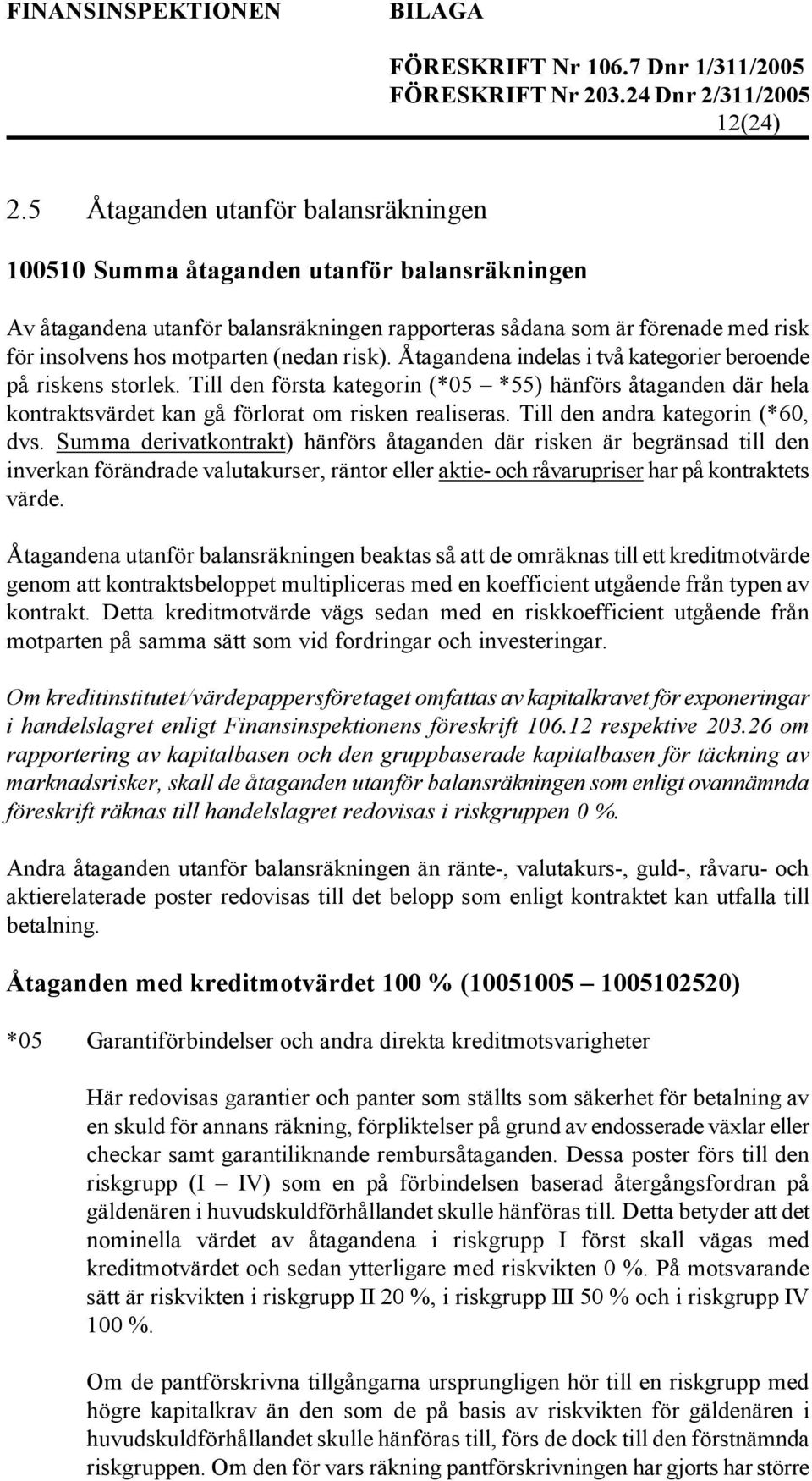 risk). Åtagandena indelas i två kategorier beroende på riskens storlek. Till den första kategorin (*05 *55) hänförs åtaganden där hela kontraktsvärdet kan gå förlorat om risken realiseras.