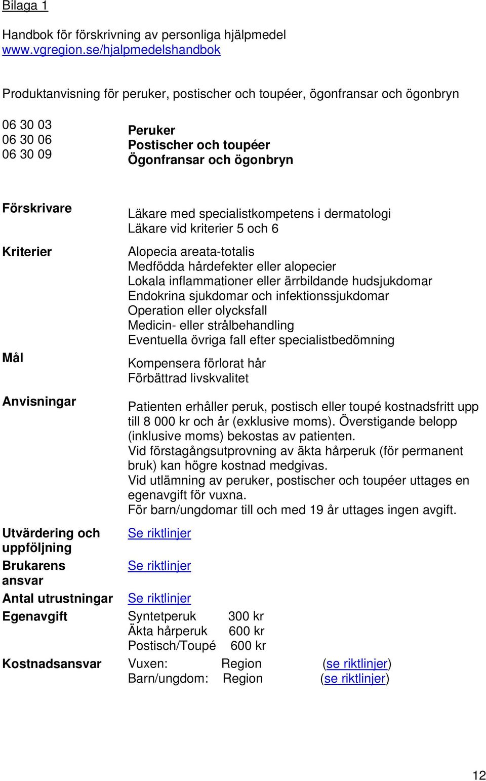 Kriterier Mål Anvisningar Läkare med specialistkompetens i dermatologi Läkare vid kriterier 5 och 6 Alopecia areata-totalis Medfödda hårdefekter eller alopecier Lokala inflammationer eller