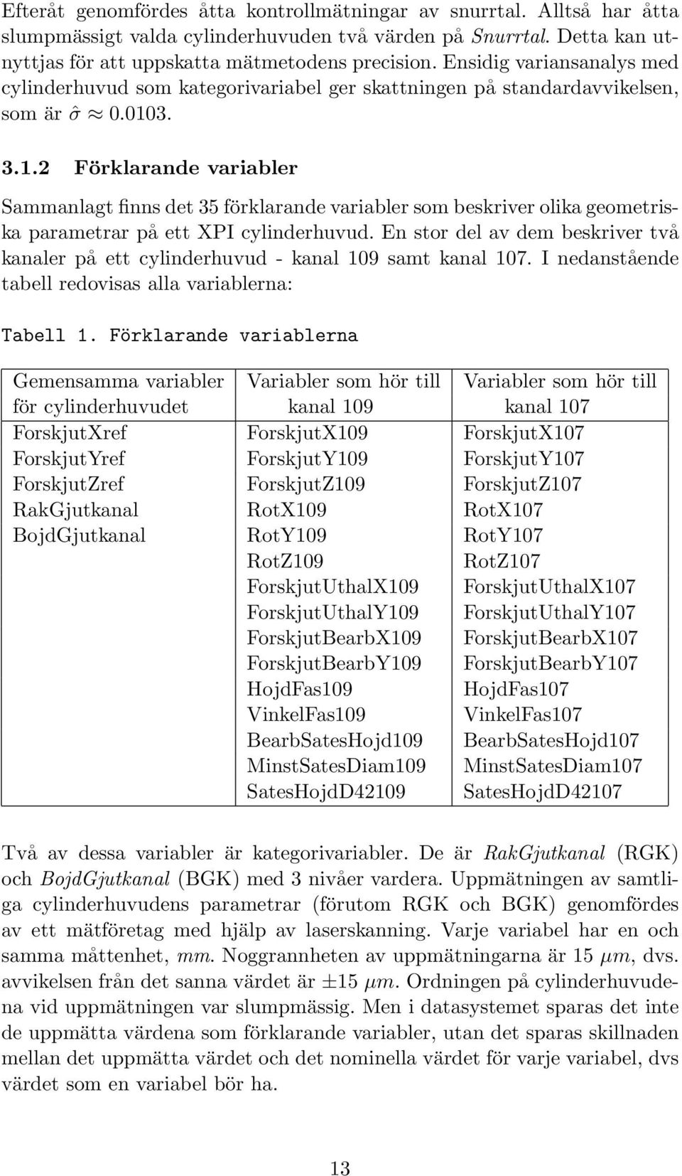 3. 3.1.2 Förklarande variabler Sammanlagt finns det 35 förklarande variabler som beskriver olika geometriska parametrar på ett XPI cylinderhuvud.