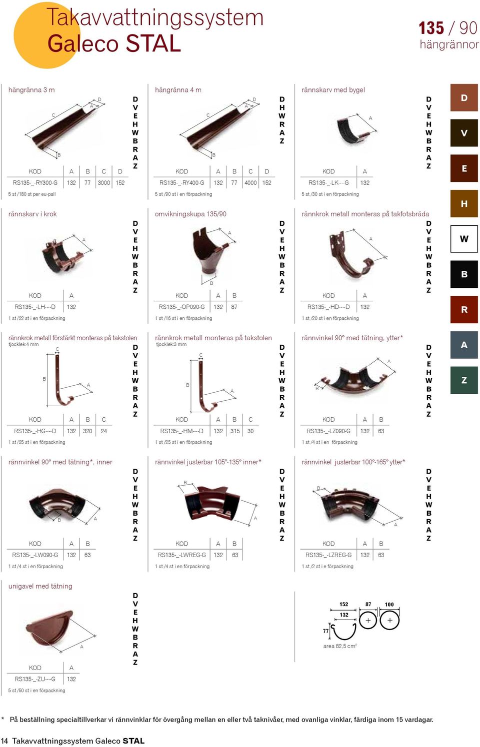 st i en förpackning rännskarv i krok omvikningskupa 135/90 rännkrok metall monteras på takfotsbräda KO KO KO S135-_-L---- 132 S135-_-OP090-G 132 87 S135-_----- 132 1 st /22 st i en förpackning 1 st