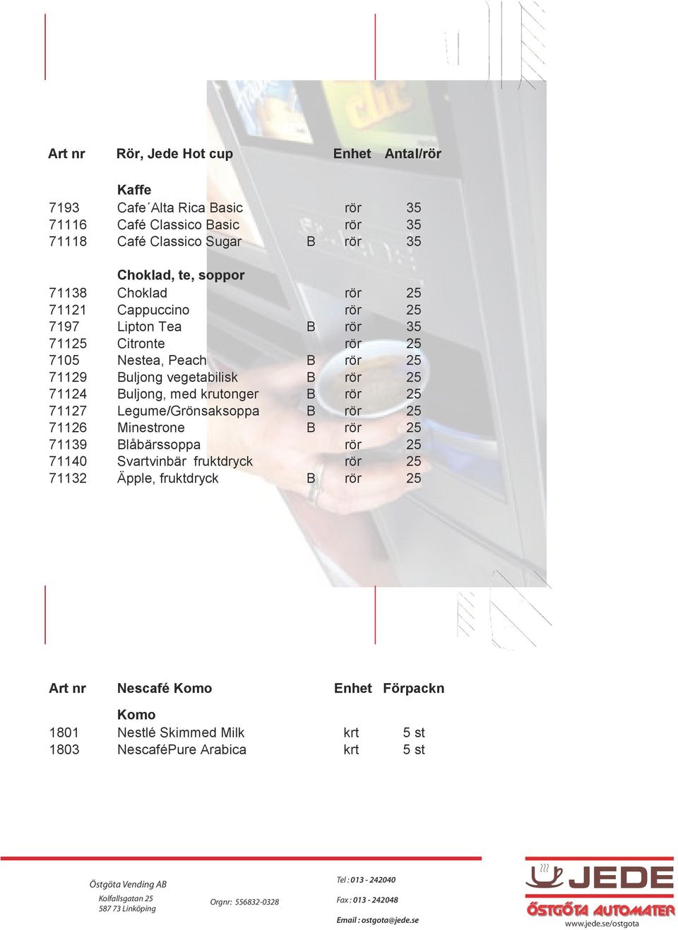 vegetabilisk B rör 25 71124 Buljong, med krutonger B rör 25 71127 Legume/Grönsaksoppa B rör 25 71126 Minerone B rör 25 71139 Blåbärssoppa rör 25 71140