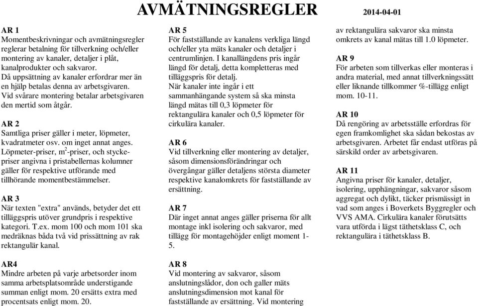 AR 2 Samtliga priser gäller i meter, löpmeter, kvadratmeter osv. om inget annat anges.