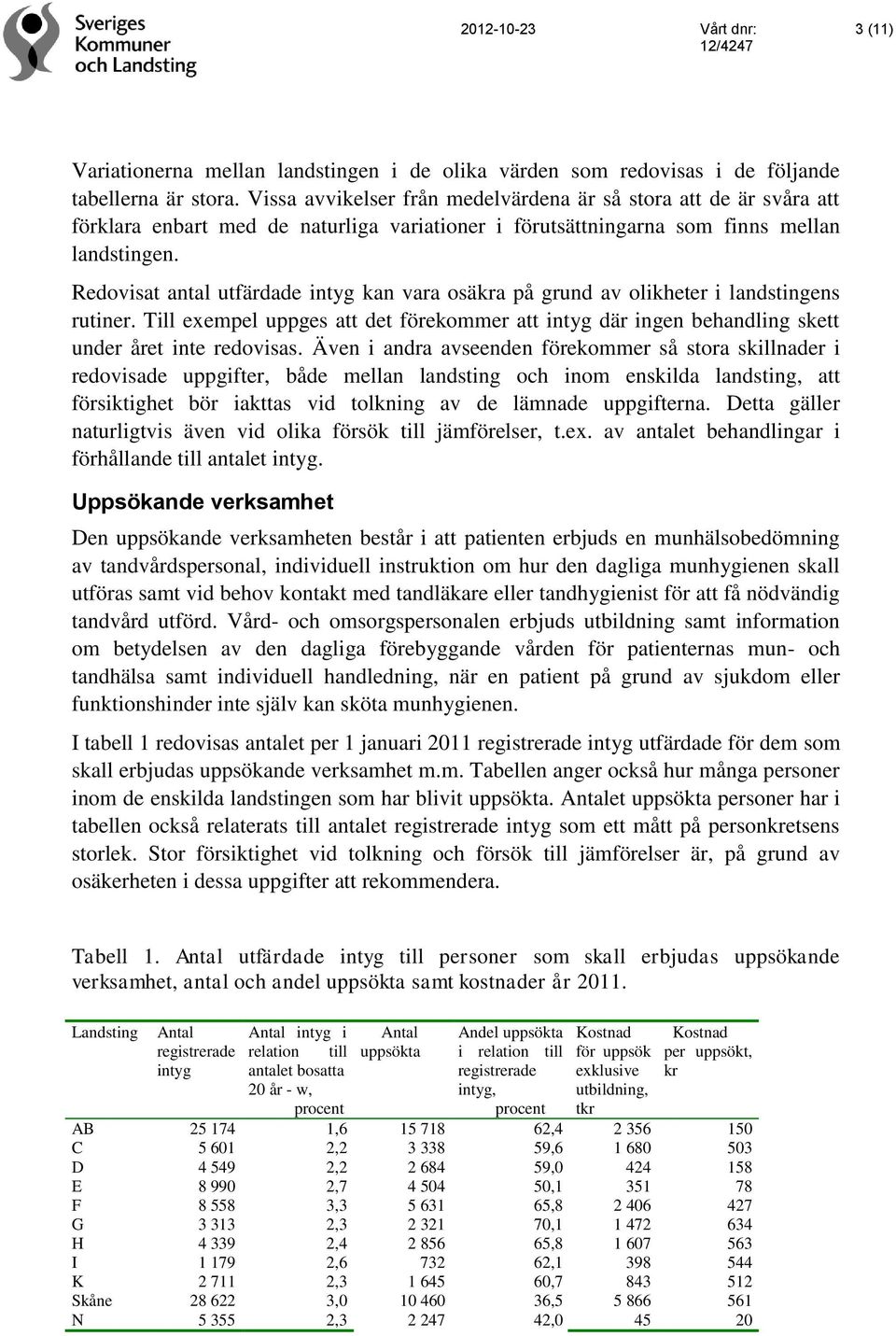 Redovisat antal utfärdade intyg kan vara osäkra på grund av olikheter i landstingens rutiner. Till exempel uppges att det förekommer att intyg där ingen behandling skett under året inte redovisas.