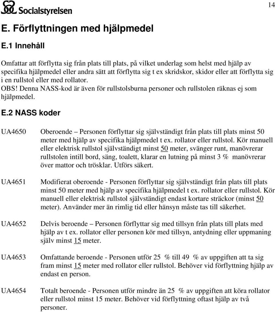 förflytta sig i en rullstol eller med rollator. OBS! Denna NASS-kod är även för rullstolsburna personer och rullstolen räknas ej som hjälpmedel. E.