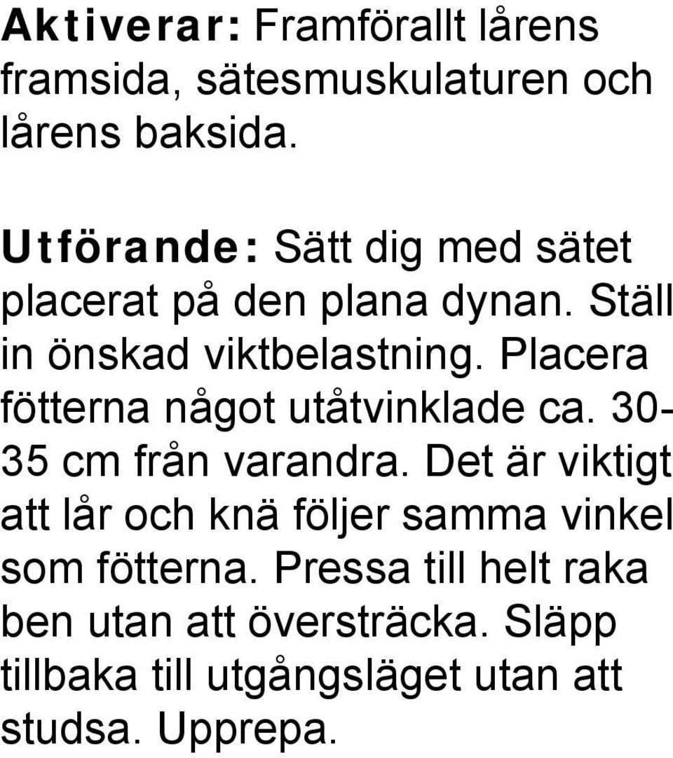 Placera fötterna något utåtvinklade ca. 30-35 cm från varandra.