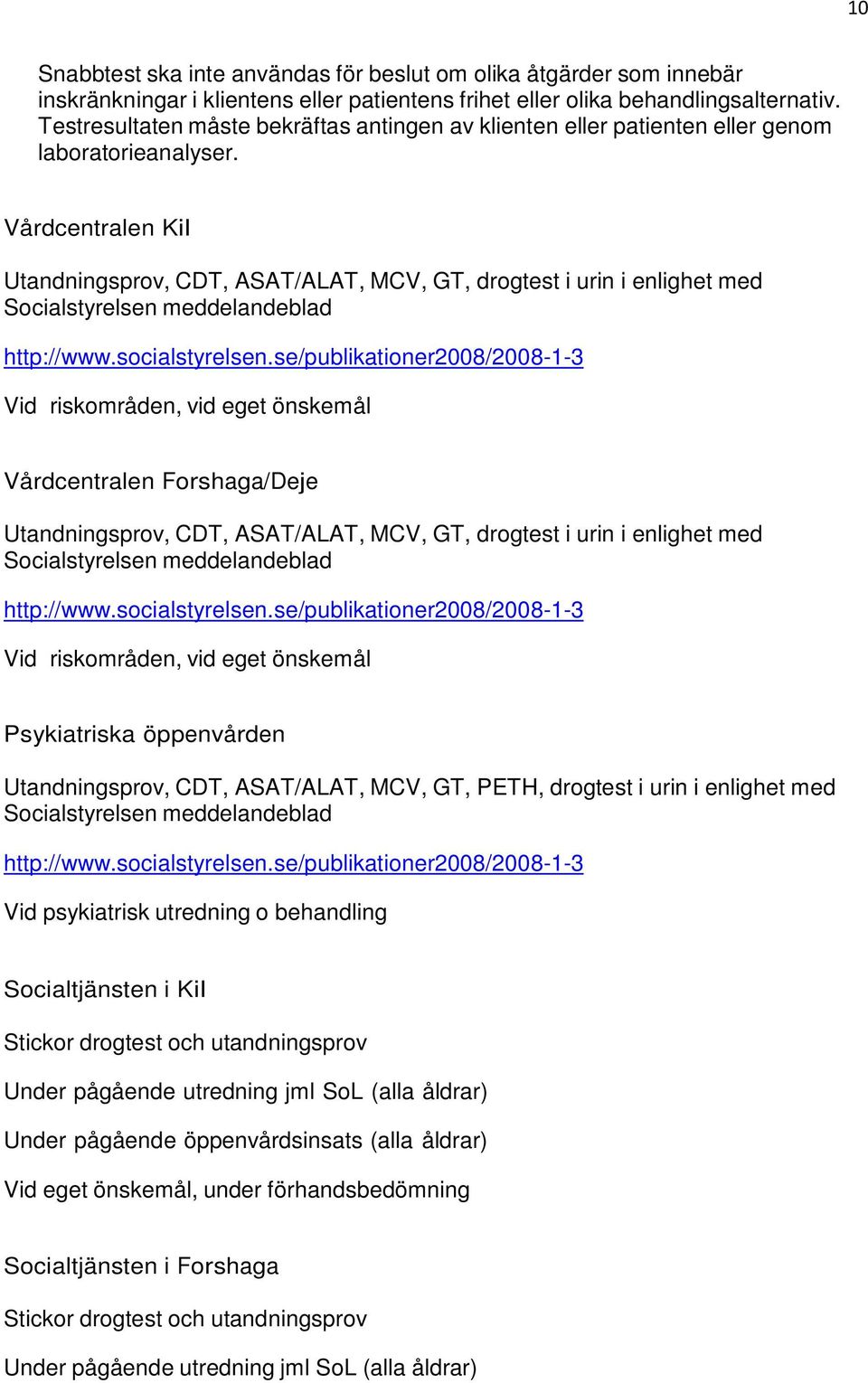 Vårdcentralen Kil Utandningsprov, CDT, ASAT/ALAT, MCV, GT, drogtest i urin i enlighet med Socialstyrelsen meddelandeblad http://www.socialstyrelsen.