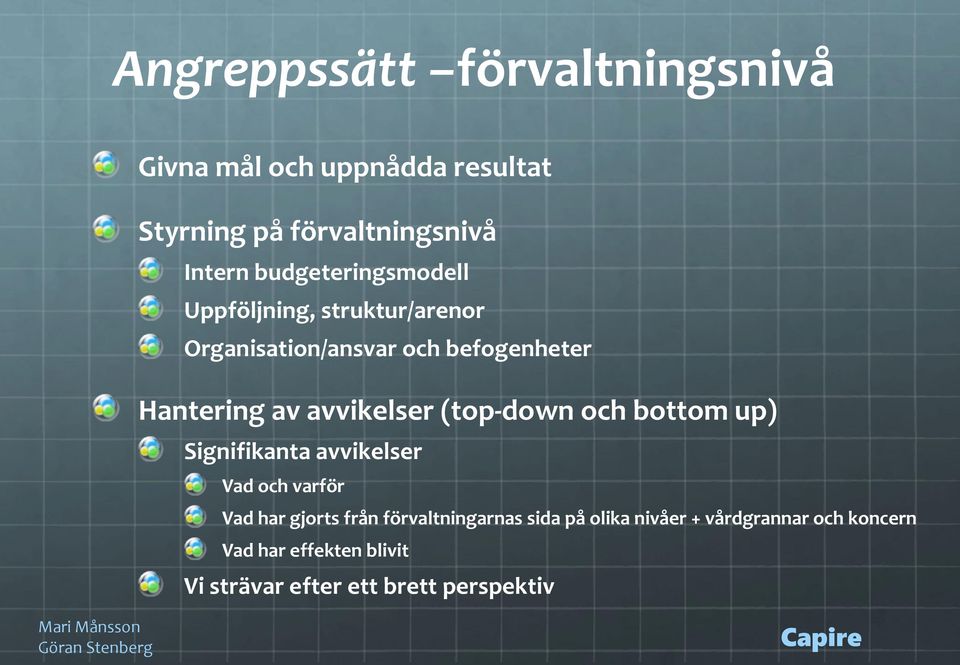 avvikelser (top-down och bottom up) Signifikanta avvikelser Vad och varför Vad har gjorts från