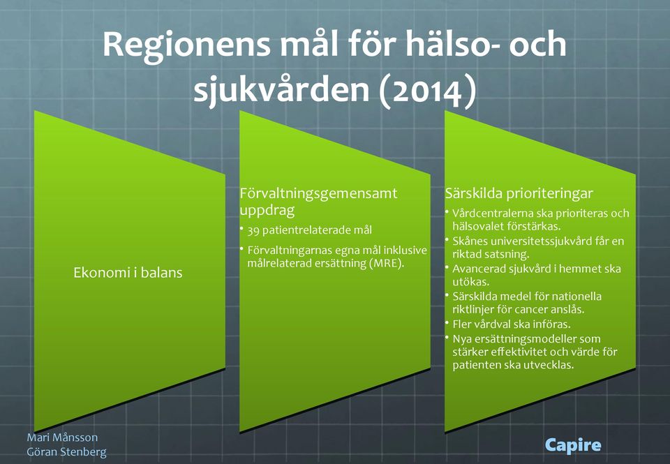 Särskilda prioriteringar Vårdcentralerna ska prioriteras och hälsovalet förstärkas.