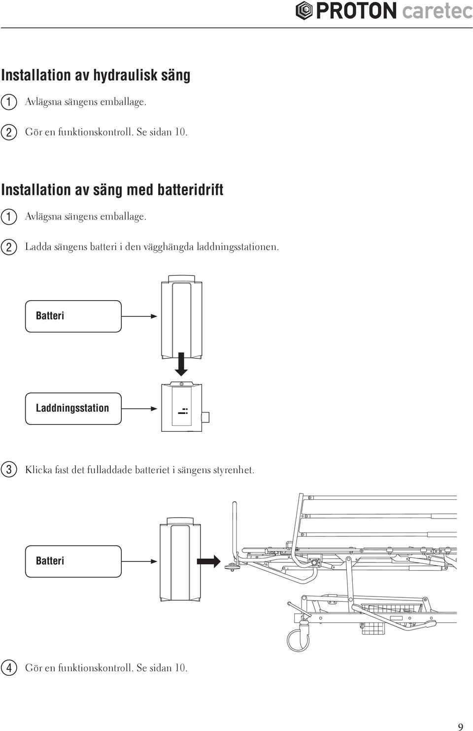 Ladda sängens batteri i den vägghängda laddningsstationen.