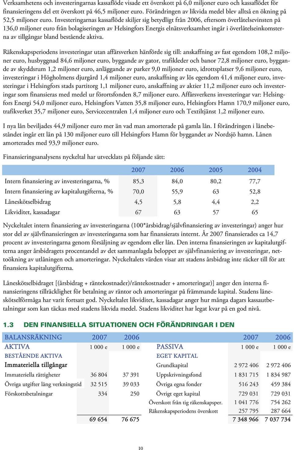 Investeringarnas kassaflöde skiljer sig betydligt från 2006, eftersom överlåtelsevinsten på 136,0 miljoner euro från bolagiseringen av Helsingfors Energis elnätsverksamhet ingår i