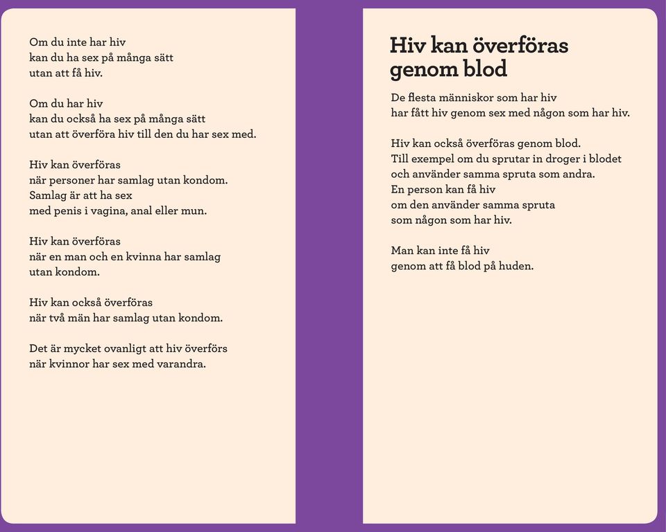 Hiv kan överföras genom blod De flesta människor som har hiv har fått hiv genom sex med någon som har hiv. Hiv kan också överföras genom blod.