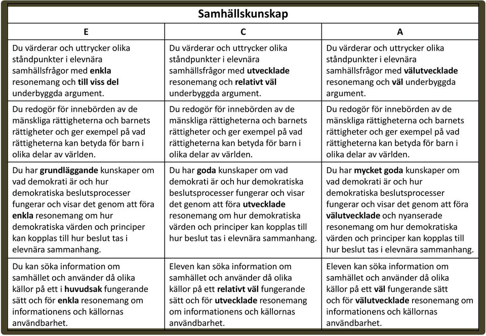 Du har grundläggande kunskaper om vad demokrati är och hur demokratiska beslutsprocesser fungerar och visar det genom att föra enkla resonemang om hur demokratiska värden och principer kan kopplas