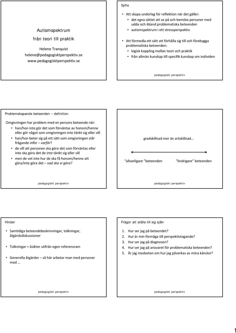 se Att skapa underlag för reflektion när det gäller: det egna sättet att se på och bemöta personer med udda och ibland problematiska beteenden autismspektrum i ett stressperspektiv Att förmedla ett