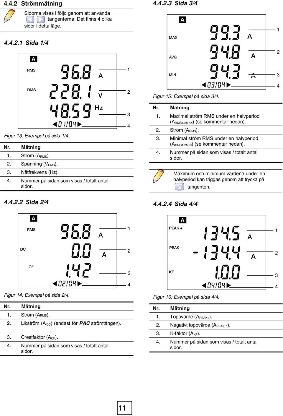 . Ström (A RMS). 3. Minimal ström RMS under en halvperiod (A RMS/MIN) (se kommentar nedan). 4. Nummer på sidan som visas / totalt antal sidor.